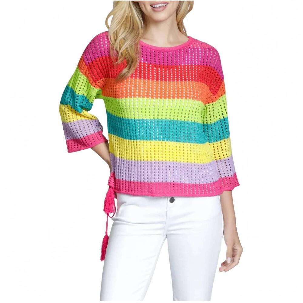 NEW APNY women's lattice stripe crewneck sweater in yellow/pink multi